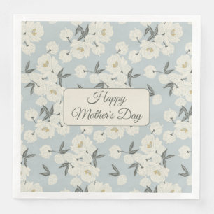 Line Drawn Peony in Cream on Light Blue-Napkin Napkin