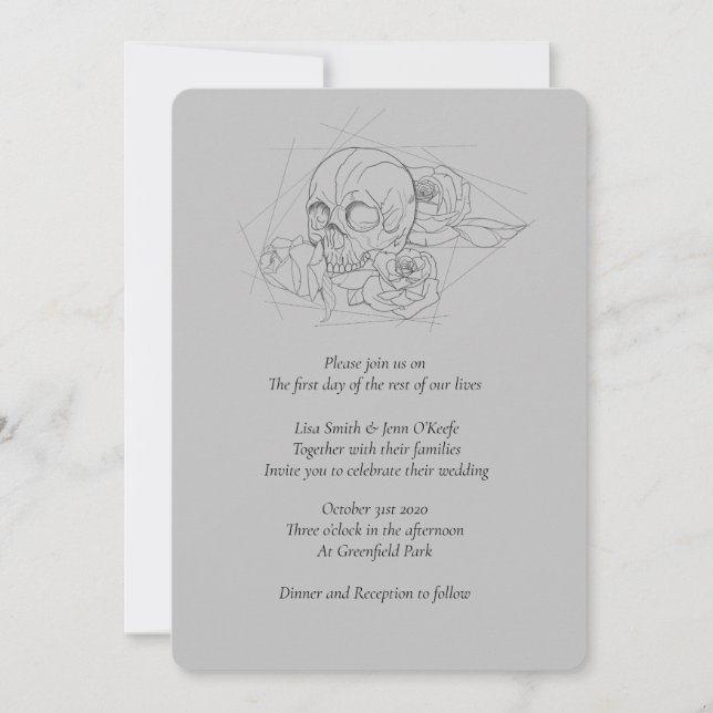Line Drawn Skull and Roses Wedding Invitations (Front)