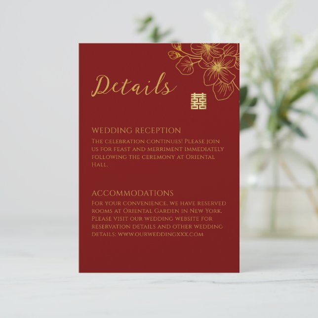 Line floral cherry blossom Chinese wedding details Enclosure Card (Standing Front)
