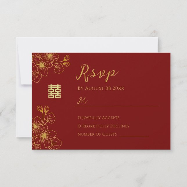 Line floral cherry blossom chinese wedding red RSVP card (Front)
