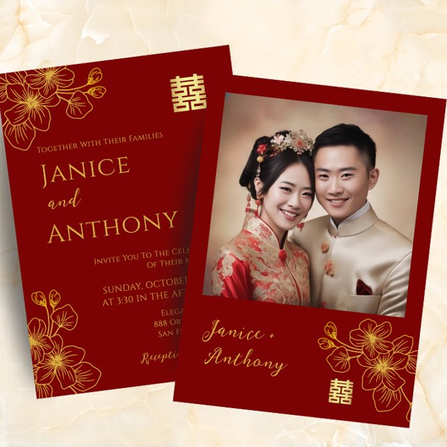 Line floral couple Chinese wedding photo red Invitation (Creator Uploaded)
