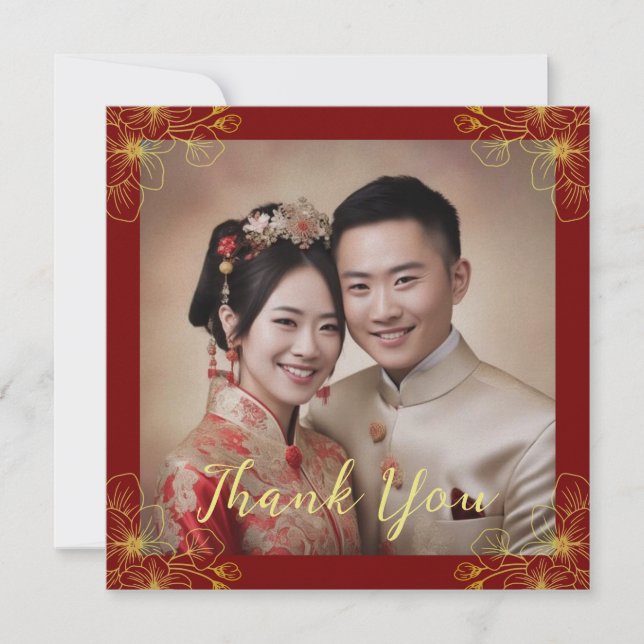 Line floral couple Chinese wedding photo red Thank You Card (Front)