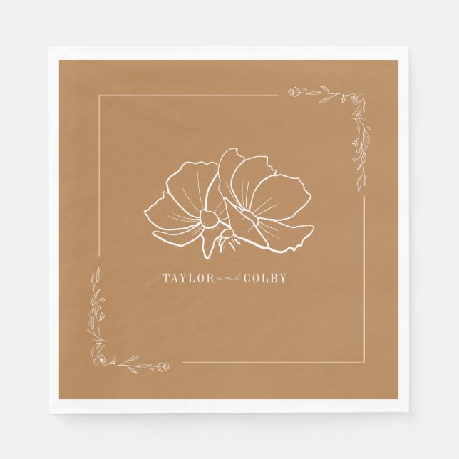 Line Floral Goldenrod Yellow Wedding Napkin (Front)