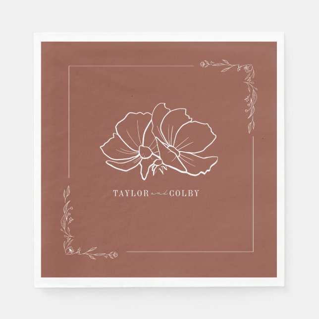 Line Floral Terracotta Earth Tone Wedidng Napkin (Front)