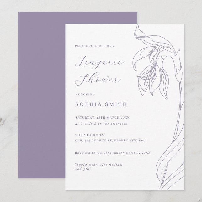 Line flower Lavender Lingerie Shower Invitation (Front/Back)