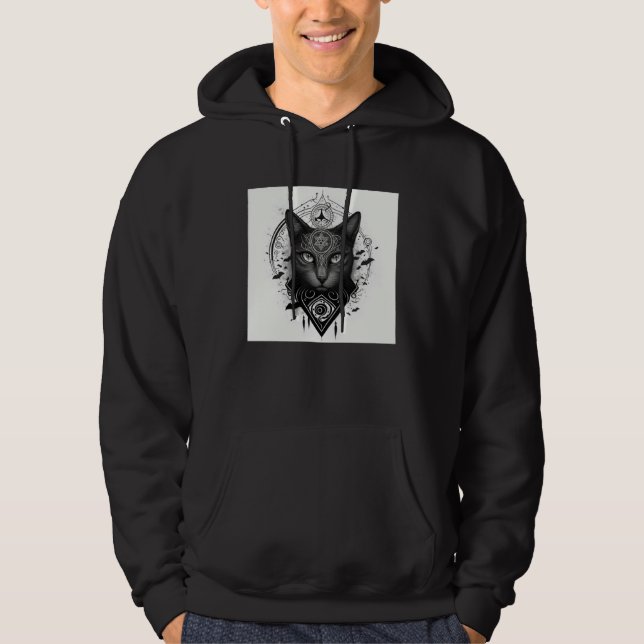 Line Gothic Cat with Wiccan and Occult Symbols  1 Hoodie (Front)