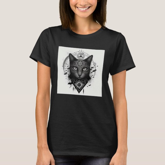 Line Gothic Cat with Wiccan and Occult Symbols  1 T-Shirt (Front)