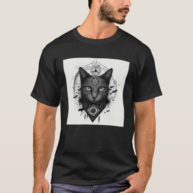 Line Gothic Cat with Wiccan and Occult Symbols  1 T-Shirt (Front)