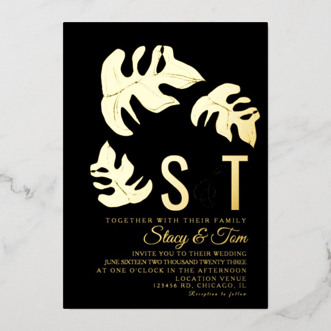 Line Monstera Leaf Wedding Pressed Black (Front)