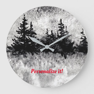 Line of pines in black, white and grey large clock