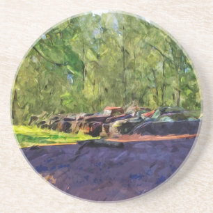 Line of Rusty Old Cars and Trucks Abstract Coaster