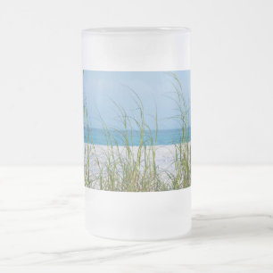 Line Of Sea Oats In White Sand Frosted Glass Beer Mug