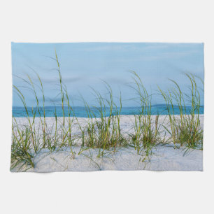 Line Of Sea Oats In White Sand Tea Towel