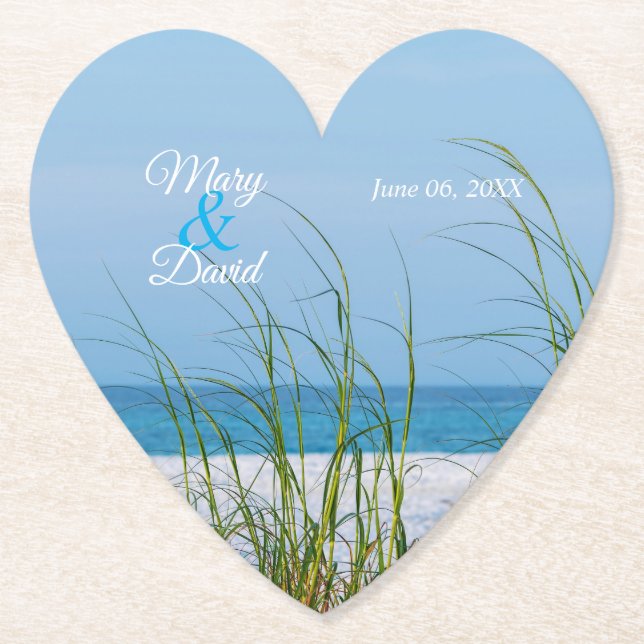 Line Of Sea Oats In White Sand Wedding Paper Coaster (Front)