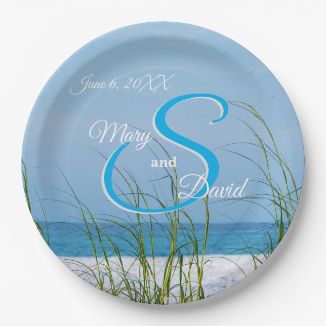 Line Of Sea Oats In White Sand Wedding Paper Plate (Front)