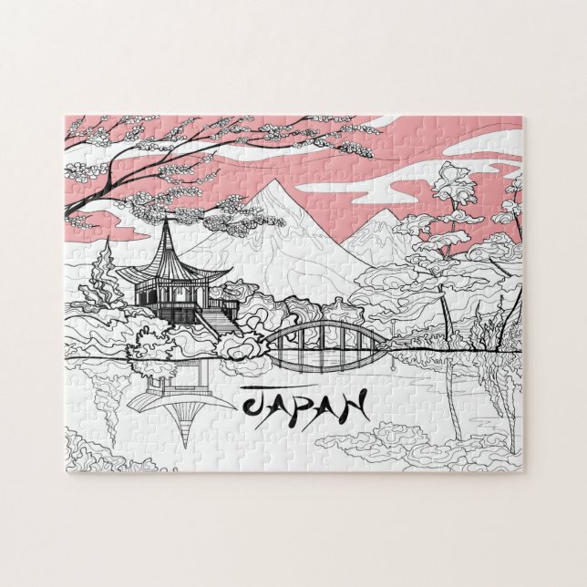 Line Painting of Japanese Temple Lake Mountain Jigsaw Puzzle (Horizontal)