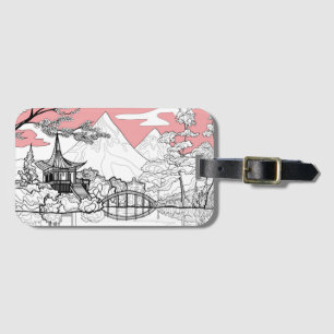 Line Painting of Japanese Temple Lake Mountain Luggage Tag