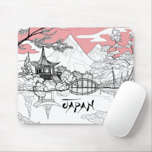 Line Painting of Japanese Temple Lake Mountain Mouse Mat