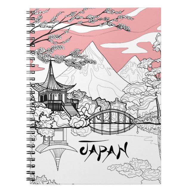 Line Painting of Japanese Temple Lake Mountain Notebook (Front)