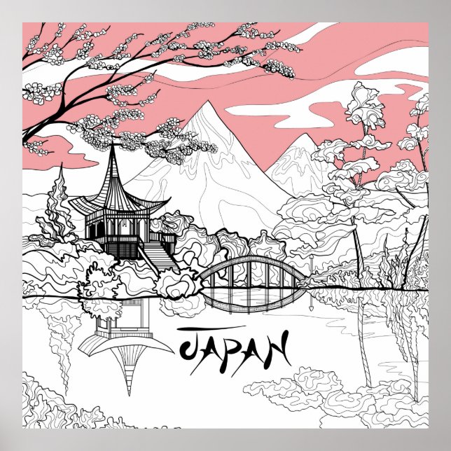 Line Painting of Japanese Temple Lake Mountain Poster (Front)