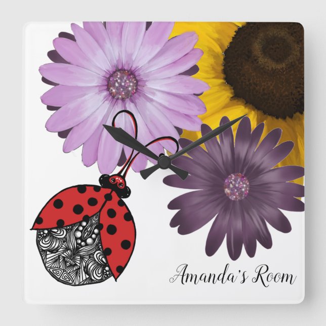 Line tangle ladybug with realistic flowers square wall clock (Front)