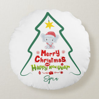 Line Tree Christmas and Happy New Year Elephant Round Cushion