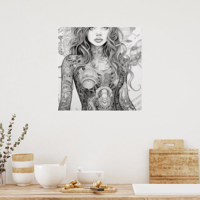Lineal Art Drawing Woman's Body Poster (Kitchen)