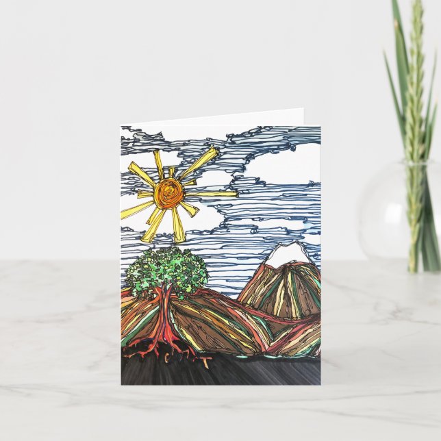 Linear art w/Mountains, Tree, Sunshine, Hand Drawn Card (Front)