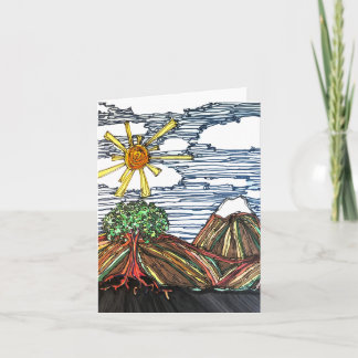 Linear art w/Mountains, Tree, Sunshine, Hand Drawn Card