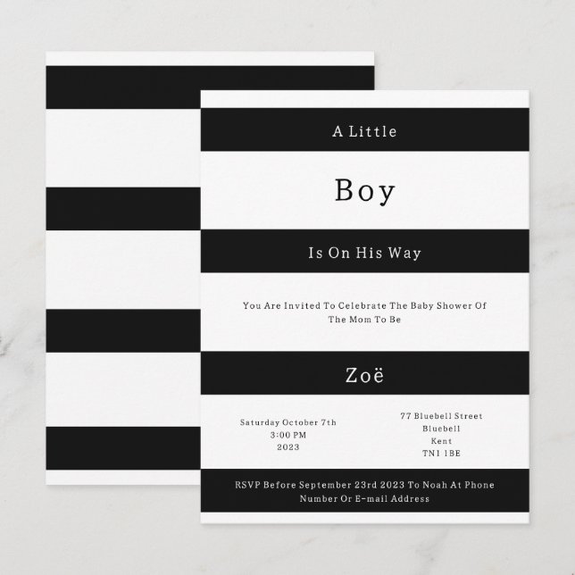Linear Chic Black And White Stripes Baby Invite Br Postcard (Front/Back)