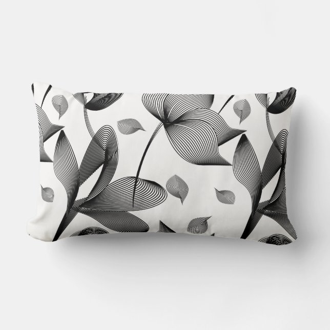 Linear lily flower in black and white pattern lumbar cushion (Front)