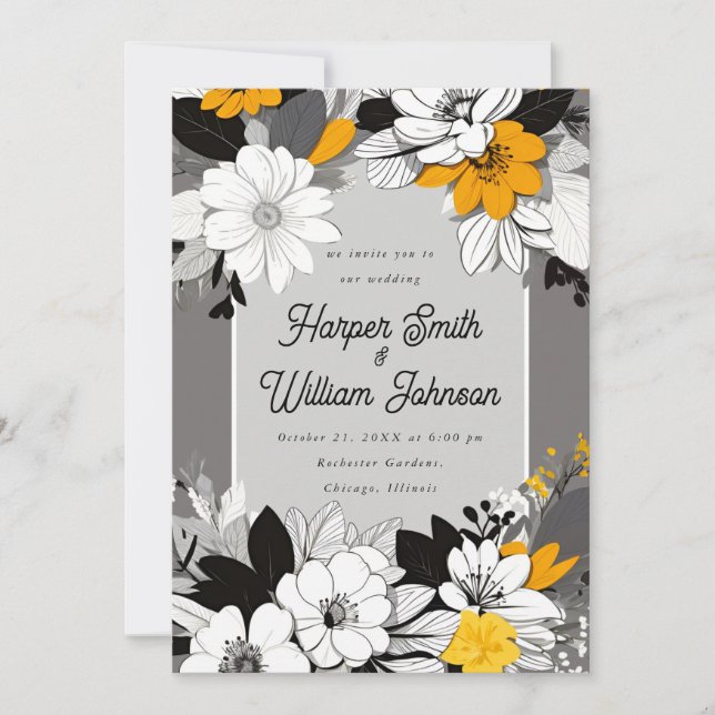 Lineart floral black, white, yellow wedding invitation (Front)