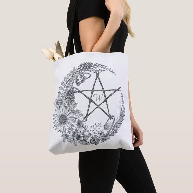 Lineart Flower Moon With Pentagram Monogram Tote Bag (Close Up)