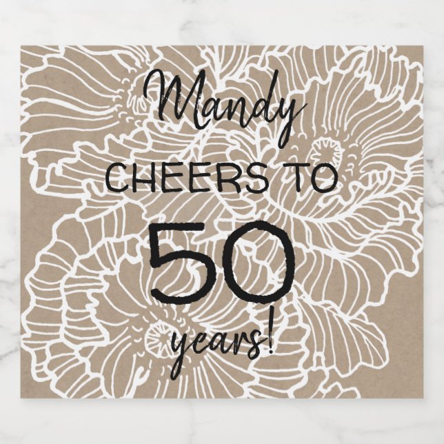 Lineart flowers poppies birthday beer bottle label (Single Label)