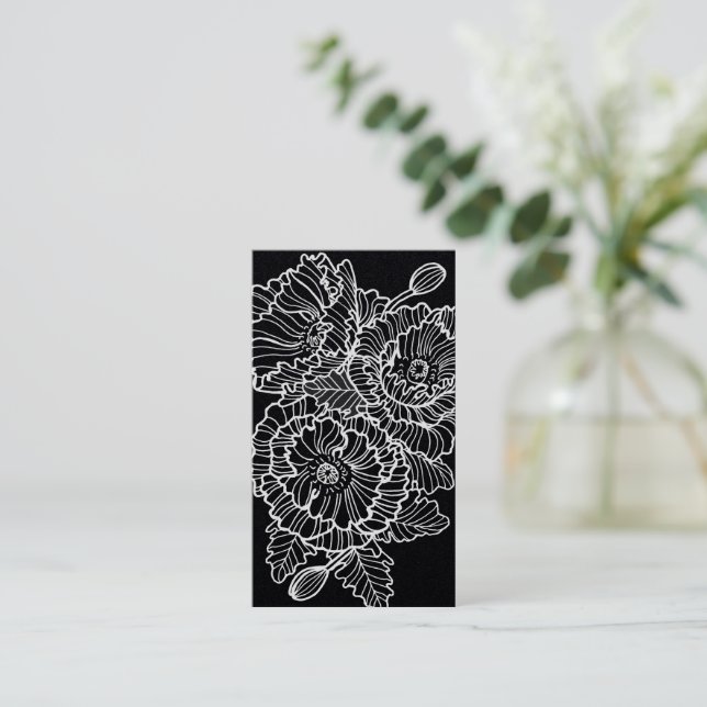 Lineart flowers poppies white on black business card (Standing Front)