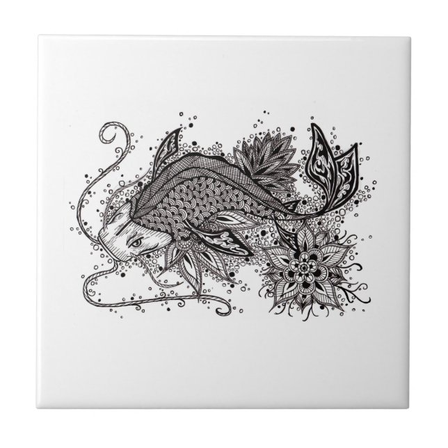 Lineart Koi Tattoo Ceramic Tile (Front)