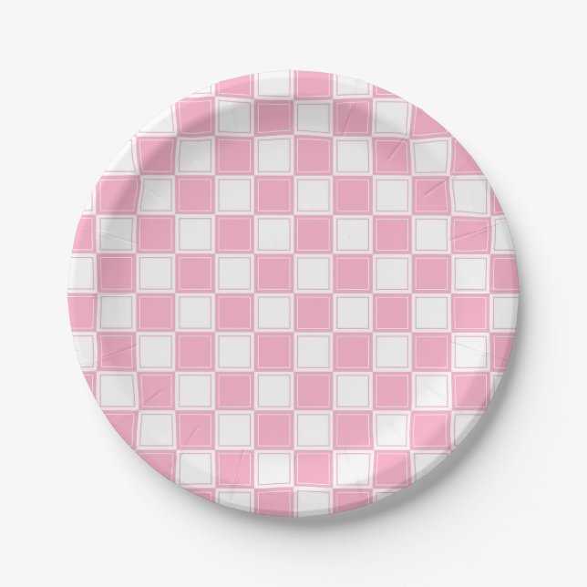 Lined Chequered Pink and White Paper Plate (Front)
