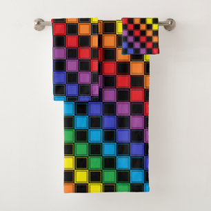 Lined Chequered Rainbow and Black Bath Towel Set