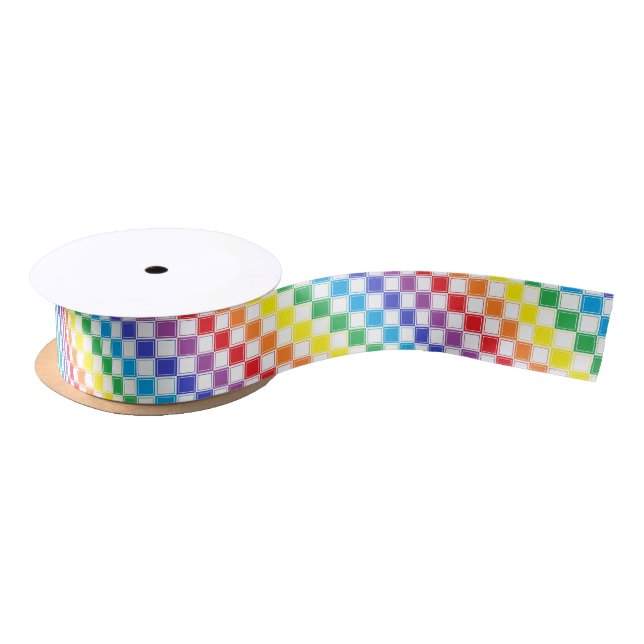 Lined Chequered Rainbow and White Satin Ribbon (Spool)