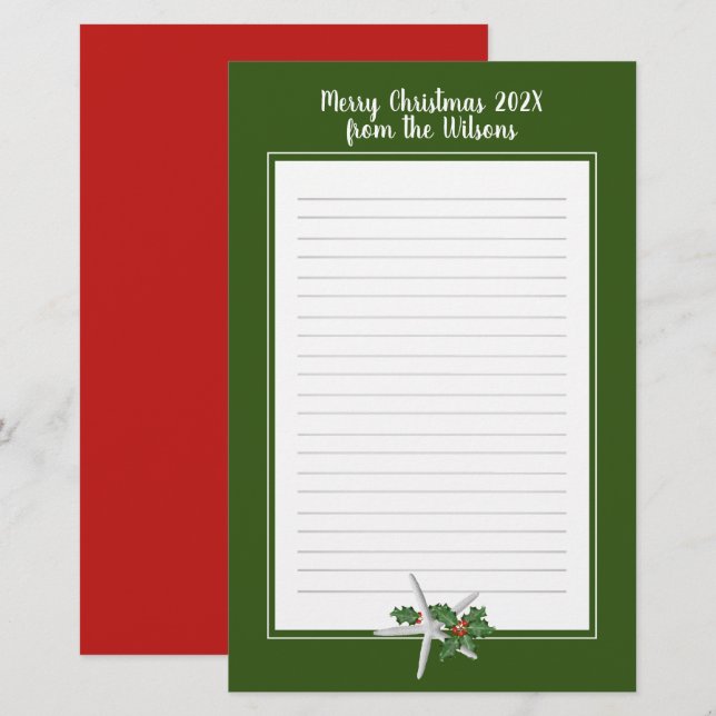 Lined Christmas Starfish red green Writing Paper (Front/Back)