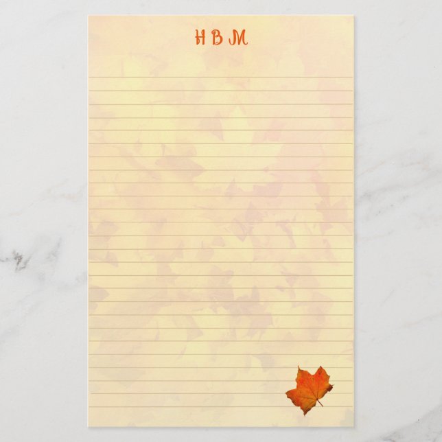 Lined Monogrammed Autumn Leaves Personal Writing  Stationery (Front)