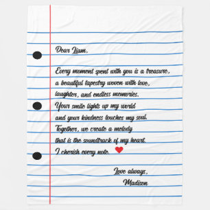 Lined Paper Letter Script Love Note Fleece Blanket