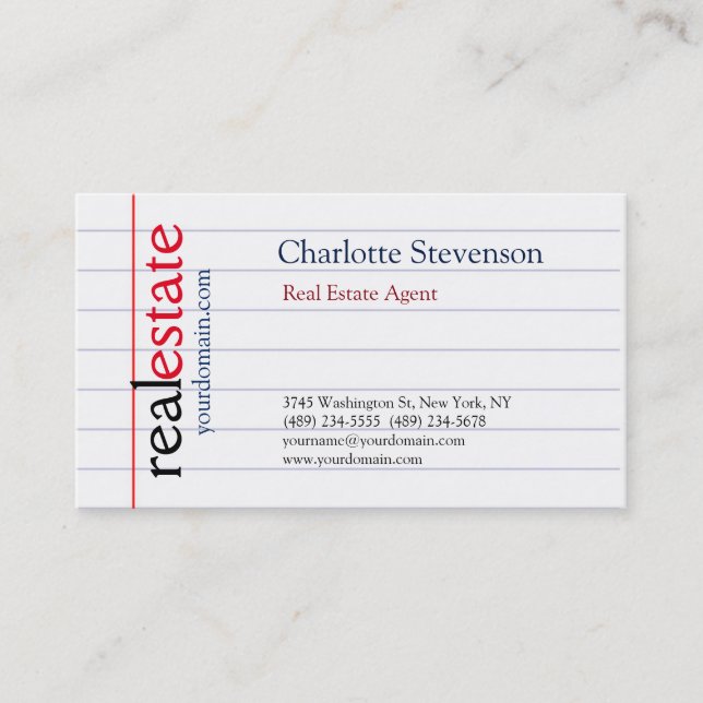 Lined Paper Real Estate Agent Modern Plain Business Card (Front)