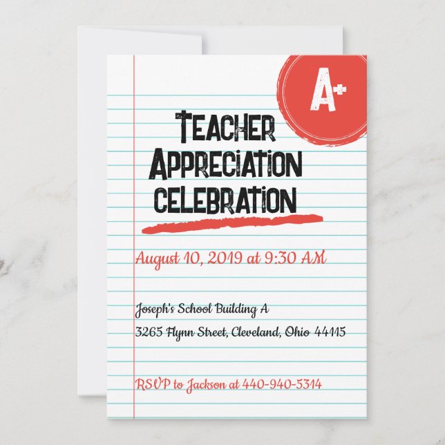 Lined Paper Teacher Appreciation Invitation (Front)