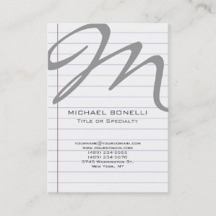 Lined paper vertical grey monogram business card
