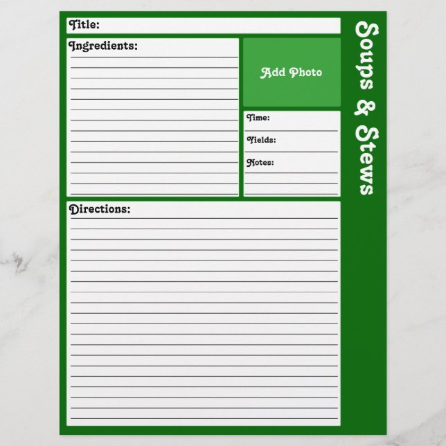 Lined Recipe Pages (Dark Green) (Front)