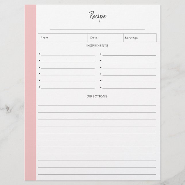 Lined Recipe Pages in Blush letter format (Front)