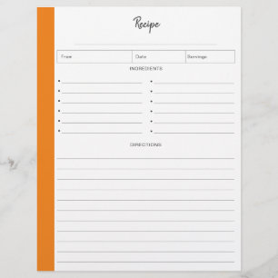 Lined Recipe Pages in Orange letter format