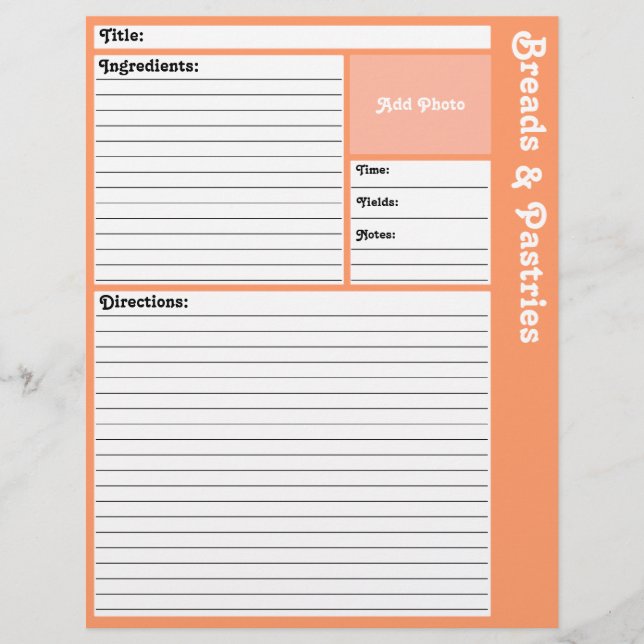 Lined Recipe Pages (Peach) (Front)