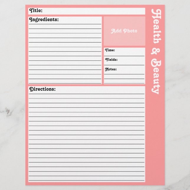 Lined Recipe Pages (Pink) (Front)